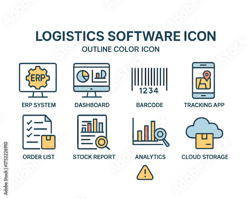 Logistics software icons: erp, dashboard, barcode, tracking, order, stock, analytics, cloud