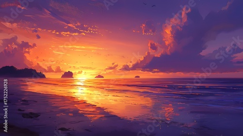 Serene Sunset Over Tranquil Ocean Waves with Colorful Clouds