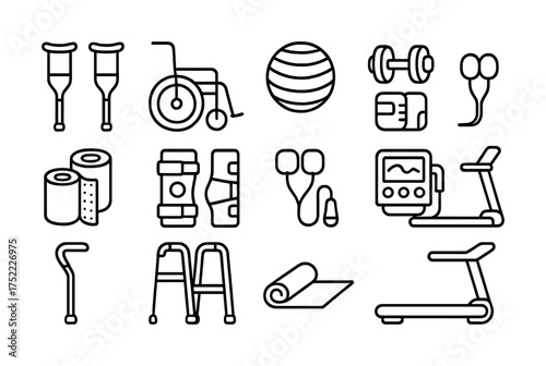Outline icons of mobility aids, exercise equipment, and fitness accessories