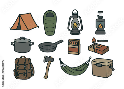 Camping gear collection with tent, sleeping bag, lantern, stove, and backpack