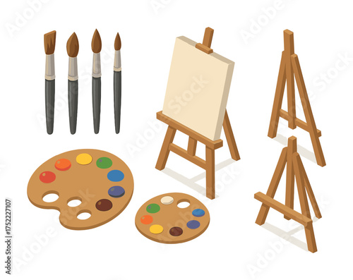 Isometric art tools set with easels, brushes, palettes, and canvas