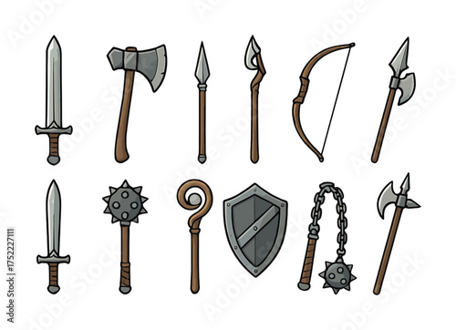 Medieval weaponry collection featuring swords, axes, shield, and bow