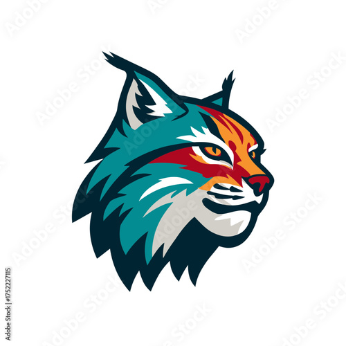 Vibrant wild cat head vector illustration in modern style. Stylized lynx or bobcat face with teal, orange, and red accents, perfect for mascot or logo design.