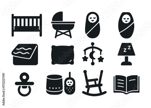 Set of baby nursery icons including crib, stroller, blanket, and mobile