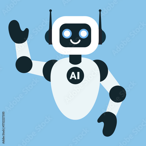Friendly AI robot waving hand on blue background. Artificial intelligence, technology, innovation and digital communication. Ideal for tech presentations, AI assistants, educational materials or