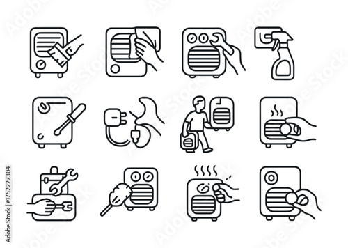 Air purifier maintenance icons: cleaning, adjusting, and repair steps illustrated