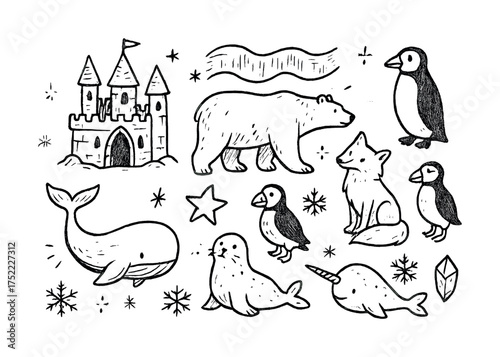 Playful arctic animals and castle doodles with penguins and whales