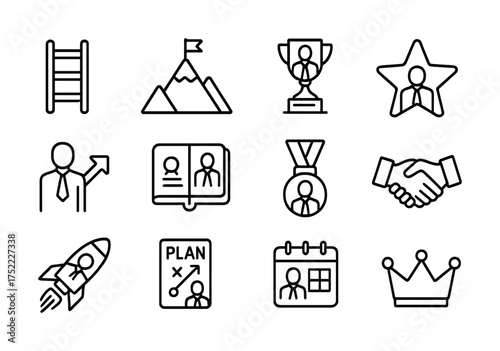Line art icons: business success journey with achievements and plans