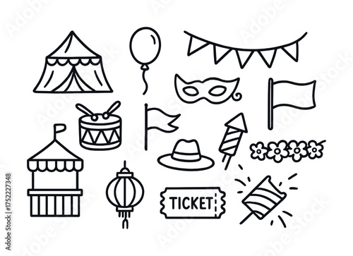 Black and white carnival icons collection with tent, mask, and drum