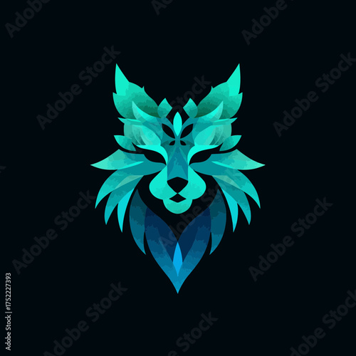 Stylized Geometric Fox Head Logo Concept with Blue and Teal Gradient Colors on a Black Background. Abstract Polygonal Animal Design.