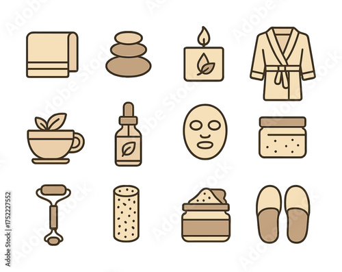 Spa and wellness icons: candle, bathrobe, skincare, tea, stones, roller
