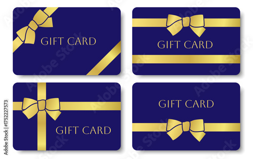 Set of gift card, coupon, voucher templates tied with minimalist gold bow and ribbon. Isolated silhouette on blue background. Hand drawn Christmas background vector EPS10