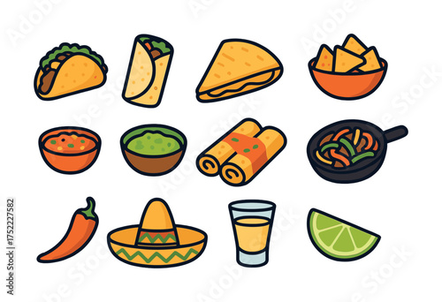 Icon set of mexican cuisine: tacos, nachos, burritos, and more