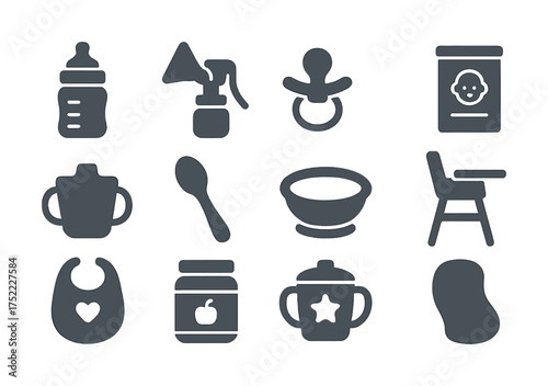 Baby feeding and care icons set: bottles, pacifier, spoon, high chair, bib
