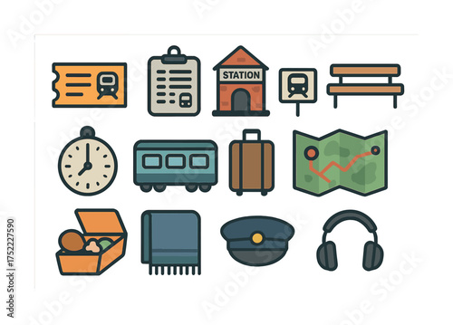 Colorful train travel icons set featuring station, ticket, and luggage