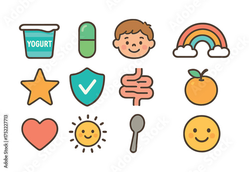 Colorful icons of yogurt, child, and health symbols for wellness and nutrition
