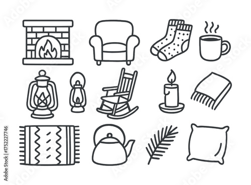 Cozy home icons featuring fireplace, armchair, socks, tea, lantern, rocking chair, candle, blanket, rug, teapot, leaf, pillow