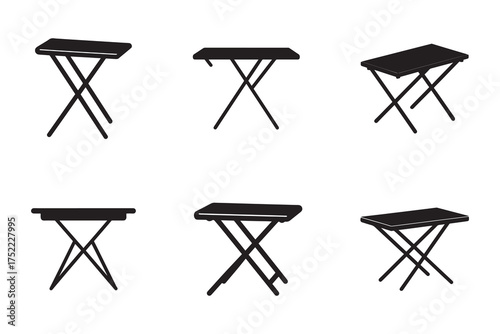 Diverse Collection of Folding Table Silhouettes in Minimalist Black and White Style for Versatile Design Projects and Vector Graphics