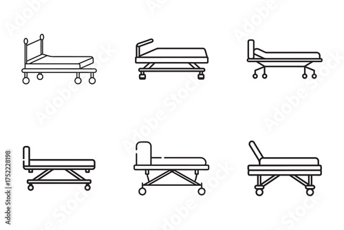 Diverse Collection of Hospital Bed Line Art Icons for Healthcare and Medical Illustrations and Designs featuring varying styles and angles