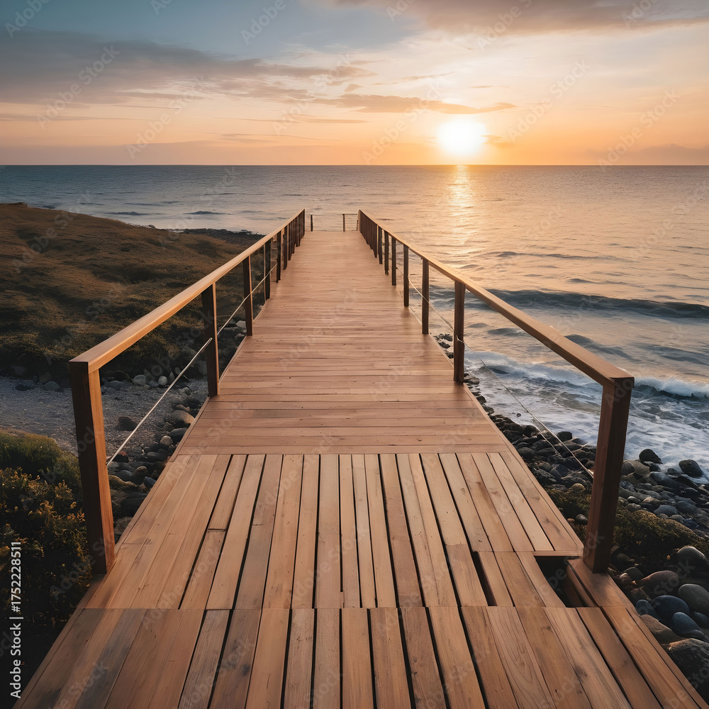 Fototapeta premium wooden deck on the shore leading to the sea at sunset