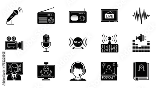 Comprehensive Set of Broadcast and Media Production Icons News, Radio, TV, Podcast, and Audio-Visual Tools for Digital Communication