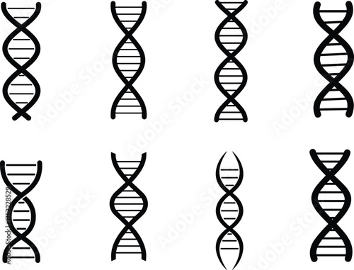 DNA helix icons, genetic science symbols, molecular biology visuals, biotech design elements, genome illustration set, medical research concept graphics