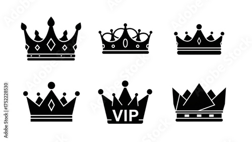 Set of Six Black Silhouettes of Royal Crowns and VIP Symbol for Royalty and Status Icons