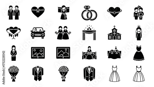 Collection of essential wedding celebration icons, symbolizing love, commitment, and memorable marital ceremonies