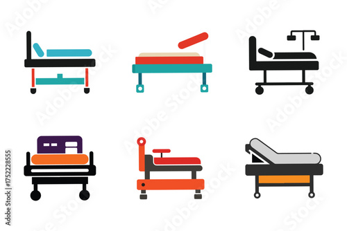 Diverse Medical Beds and Patient Furniture Flat Vector Illustration Collection Hospital Equipment and Examination Tables for Healthcare Settings