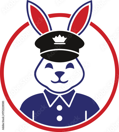 Friendly cartoon rabbit character wearing a blue uniform and black hat with a small crown inside a red circle