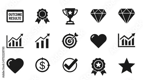 Set of monochrome glyph icons for results, targets, awards, and success