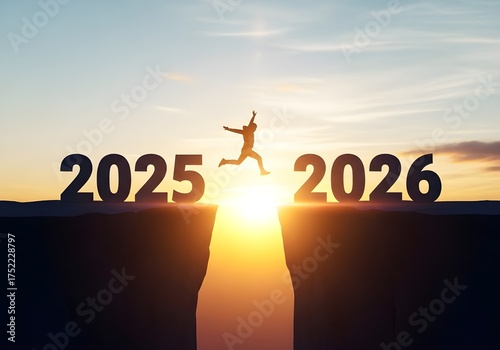 Optimistic leap Silhouette jumping from 2025 to 2026 over a sunrise, symbolizing new beginnings and future aspirations