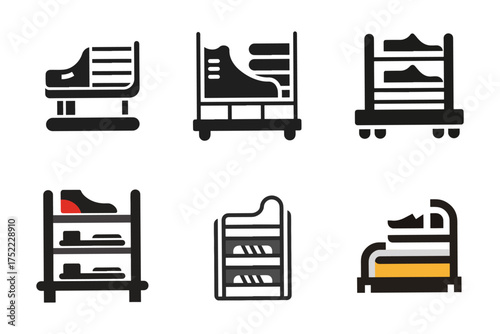 Diverse Shoe Rack Designs for Modern Home Organization and Storage Solutions Displayed as Black Vector Icons on White Background