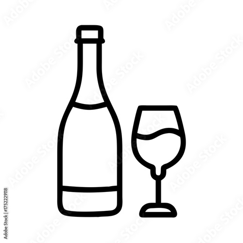 Elegant wine bottle and glass, simple line art