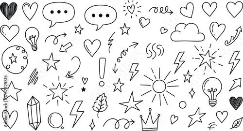 Doodle Elements Set with Heart, Star, Arrow, Crown, Bulb Isolated on White Background