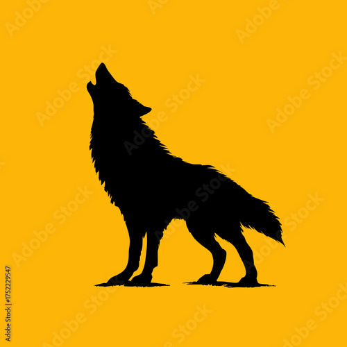 Black wolf silhouette howling at night on orange background