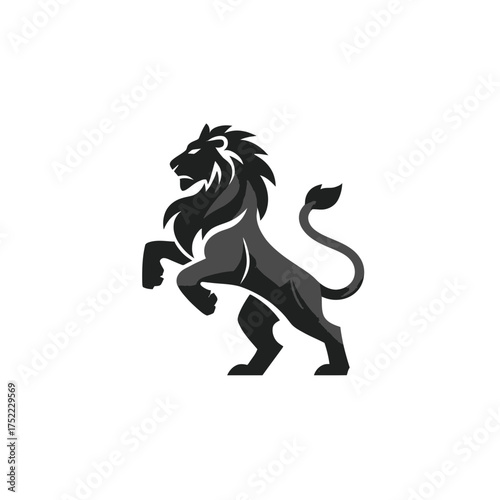 Powerful black and grey stylized lion rampant vector illustration. Majestic heraldic animal emblem of strength, courage, and leadership for design.