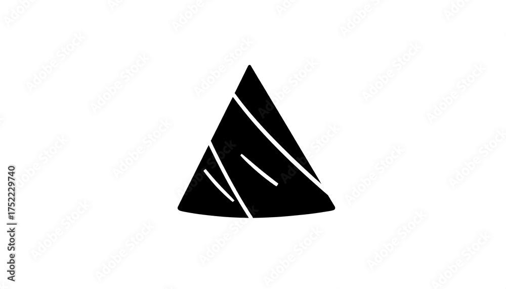 Fototapeta premium A minimalist, abstract black shape resembling a triangular prism, intersected by white lines. The backdrop is entirely white, offering high contrast