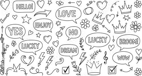 Doodle Speech Bubbles with Hearts, Flowers, Arrows, and Crowns on White Background