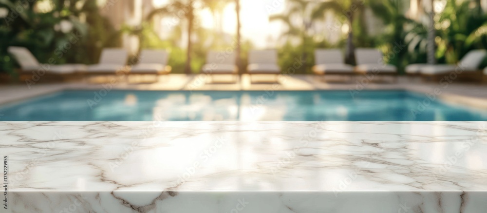 Obraz premium Marble Tabletop with Blurred Pool and Loungers