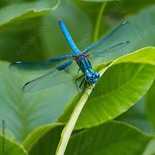 Selective focus shot of a blue dragonfly on the green leaf