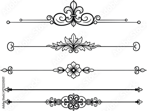 Five Decorative Floral Dividers Black Vintage Ornament on Transparent Background