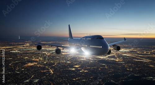 Commercial passenger airplane flying over a city at night with lights on.