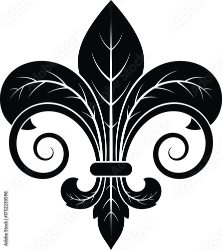 Fleurdelis Art With Leaf Detail, Heraldic Symbol with Swirls in Black