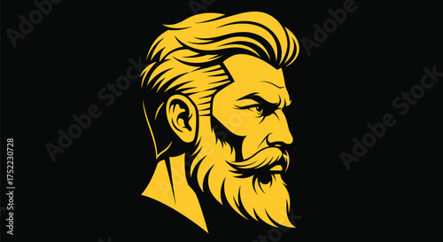 Golden illustration of a man with a beard against a black backdrop