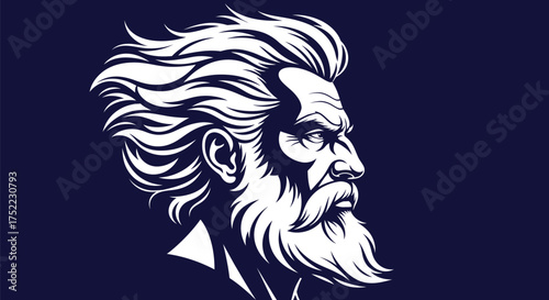 Vector illustration of a bearded man with flowing hair profile