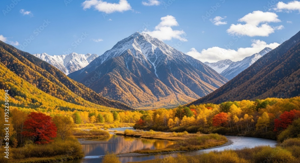 Fototapeta premium Autumnal valley landscape river winding below snow-capped mountains, bright foliage