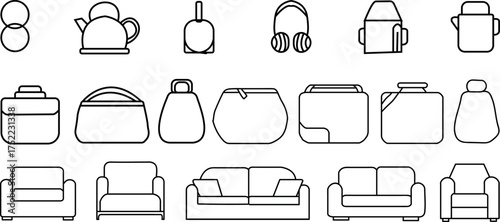 Diverse Outline Icons Collection Featuring Furniture Bags Teapots and Headphones for Design Projects