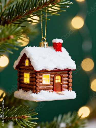 성탄절 크리스마스 트리에 매달린 집 모양 장식, 눈 쌓인 통나무 집