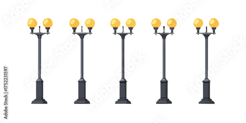 Modern realistic set of old electric street lights, including street lamps and vintage lanterns on black posts, with sphere shades for roads, sidewalks, cities, and public parks. vector icon